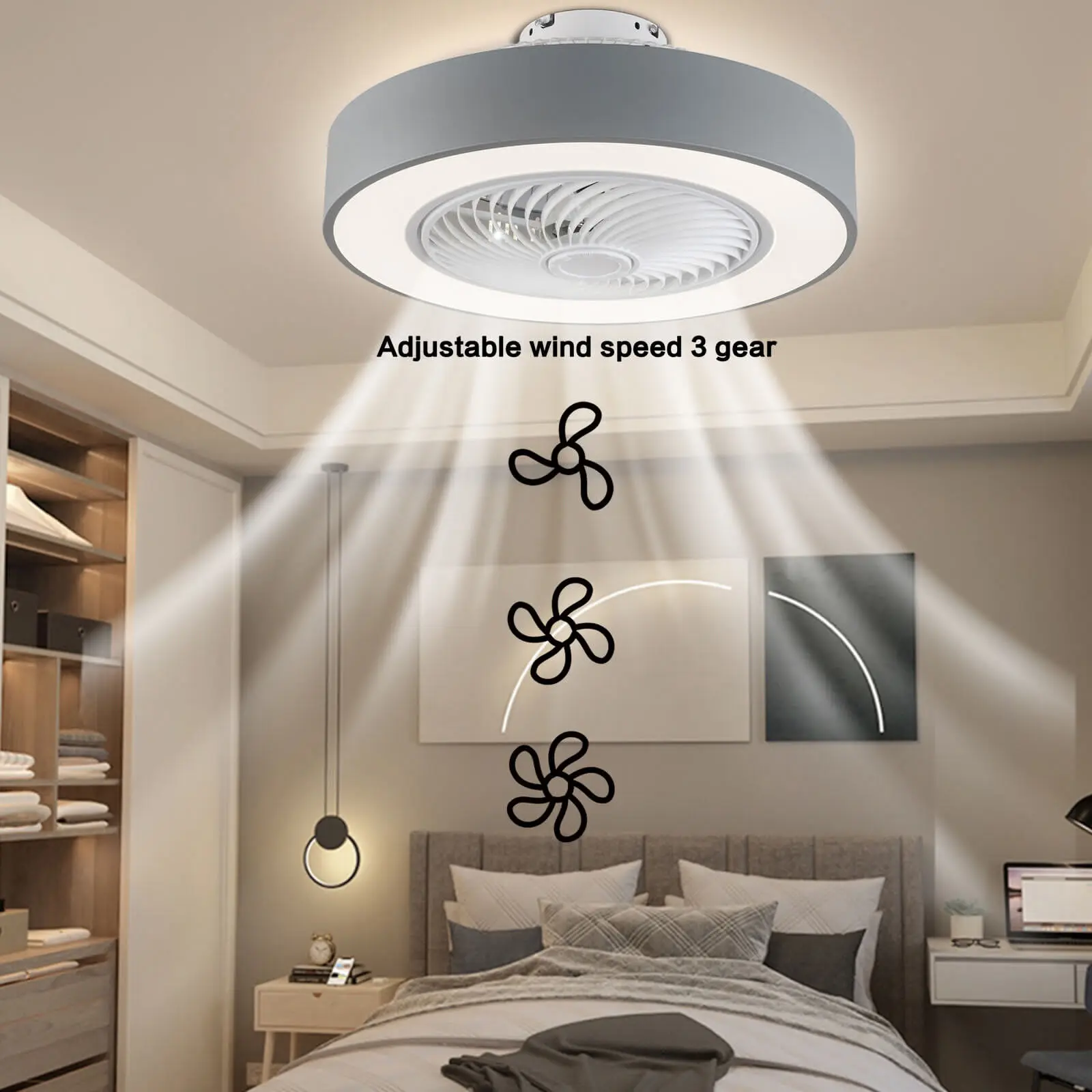 

Modern Invisible LED Bedroom Lighting Ceiling Fan w/Light and Remote Control 3 Speed Plastic Blades Dimming Fan Under Ceiling