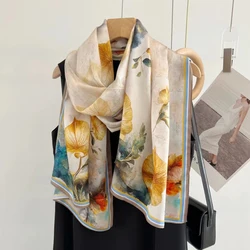 BYSIFA|New Beige Yellow 100% Mulberry Silk Shawl Scarf Fashion Fall Winter Leaves Elegant Floral Design Long Silk Scarves Wraps