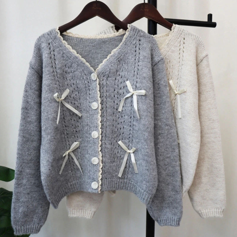 

Вязаный кардиган с бантом, осень-зима 2022, корейский милый нежный стиль, свободный свитер с v-образным вырезом и длинными рукавами, пальто