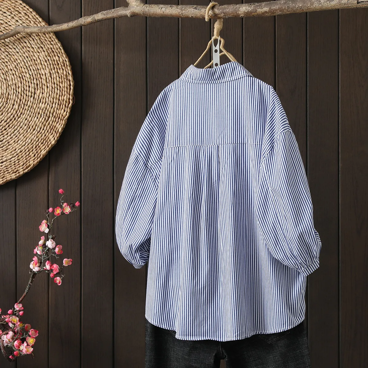 New Spring Summer Cotton Shirts Female Striped Tops Turn Down Collar Button Elastic 3/4 Sleeve Loose Blouse Summer 2023 T35436M