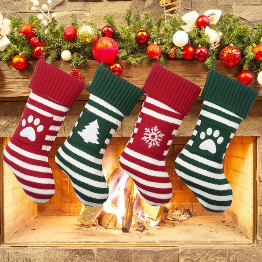 

Large Christmas Knitted Socks Embroidered Cat Claw Christmas Stockings Hanging Ornaments Stripe Christmas Tree Pendant