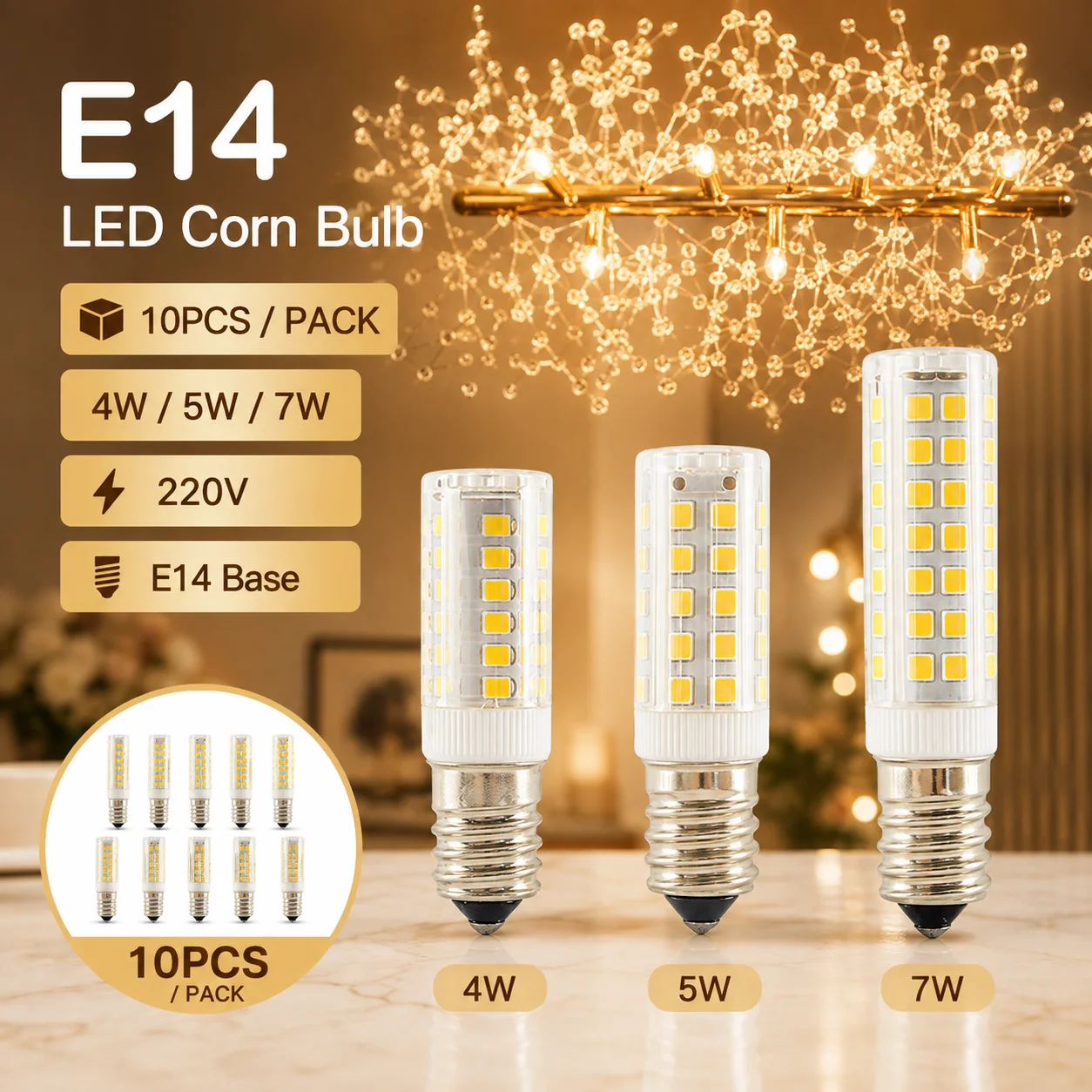 10PCS E14 LED Corn Bulbs 4W 5W 7W 220V Ceramic 2835 SMD 33/51/75 LEDs No Flicker High CRI Chandelier Home Lighting