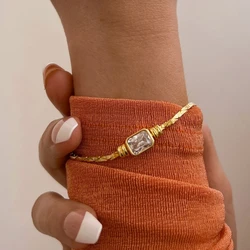 Vintage Gold Color Stainless Steel Square Crystal Bracelet for Women Creative Chain Shining Zircon Bracelets Waterproof Jewelry