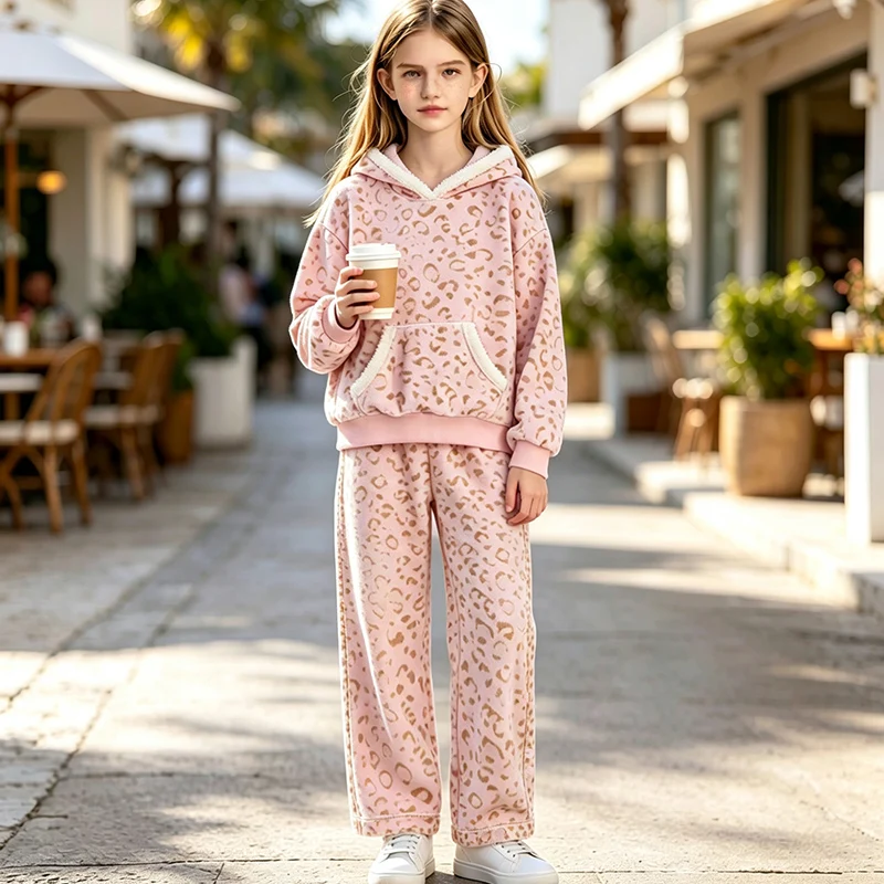 Pink Leopard Print Fleece 2 Piece Set for Girls 8-12, Winter Hooded Top & Long Pants, Soft Warm Fluffy Casual Daily Outfit