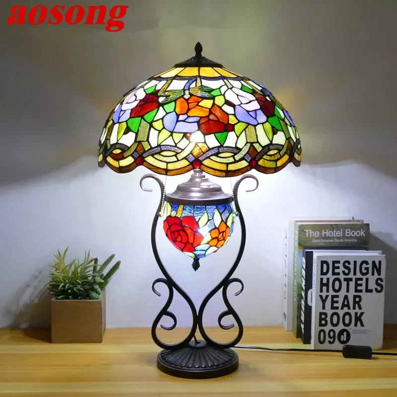 AOSONG Tiffany Table Lamp American Retro Living Room Bedroom Lamp Luxurious Villa Hotel  Stained Glass Desk Lamp