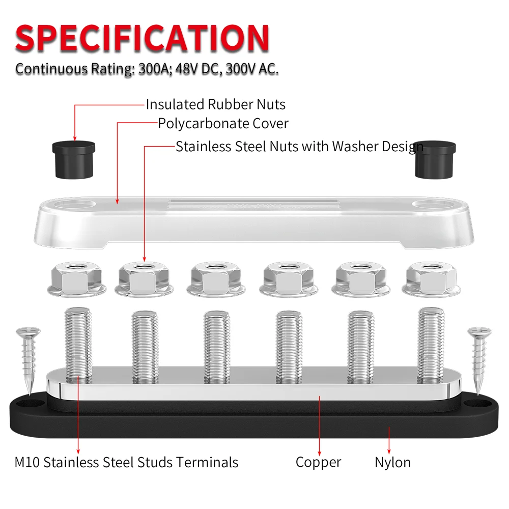 DaierTek 300A Negative Bus Bar 12V Distribution Block 6 x 3/8\