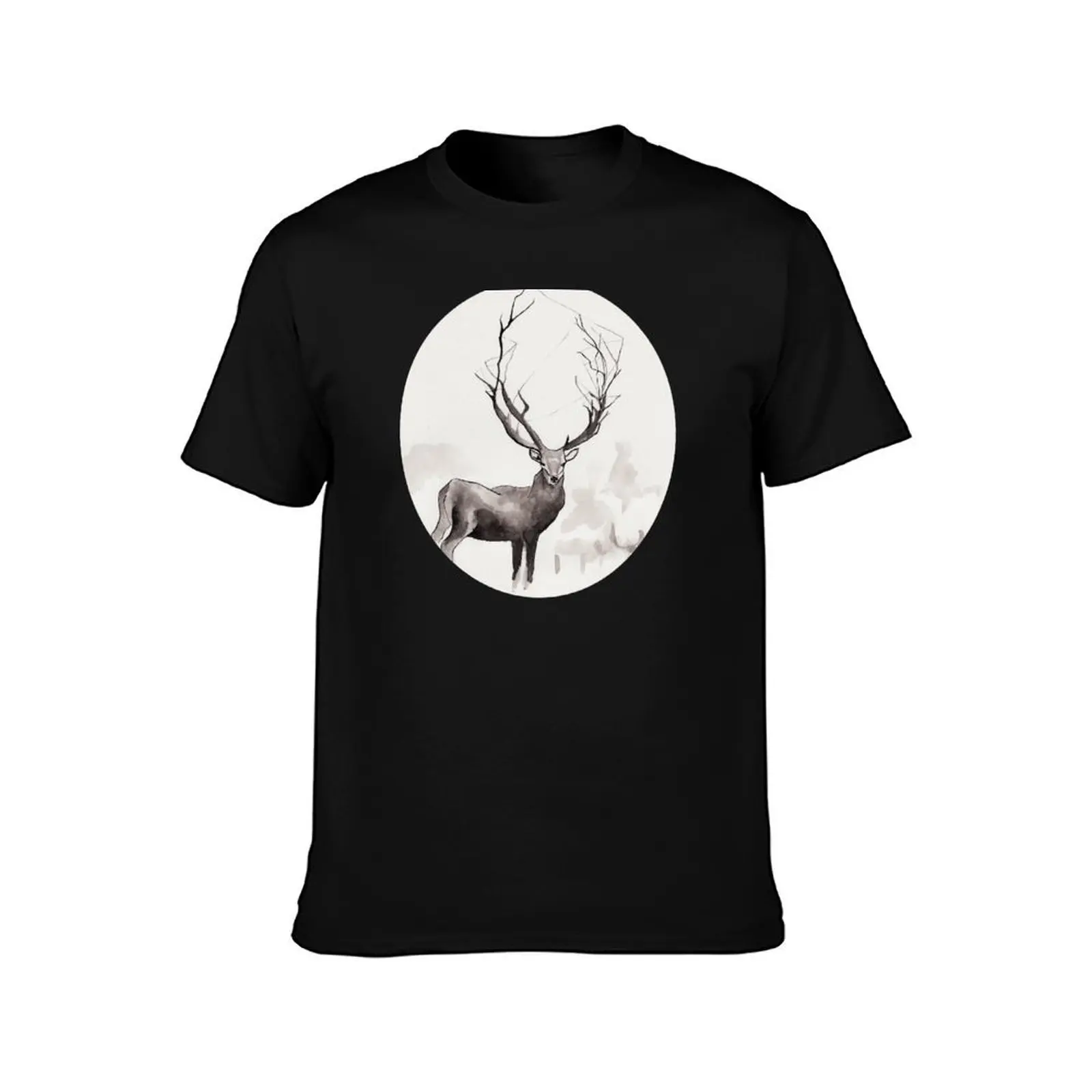 Art Illustration - Deer in the fog T-Shirt, Summer Casual Cotton Tee, Oversized Streetwear Tops, Vintage Graphic Print