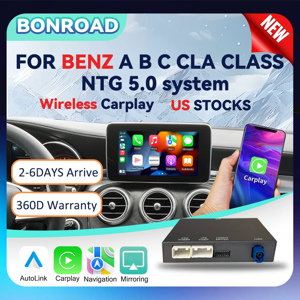 BONROAD For NTG 5.0 Wireless CarPlay MMI Box Adapter Android Auto Module For Mercedes Benz C GLC W205 A CLA GLA B E GLE CLS Class With Bluetooth Mirroring Airplay Autolink
