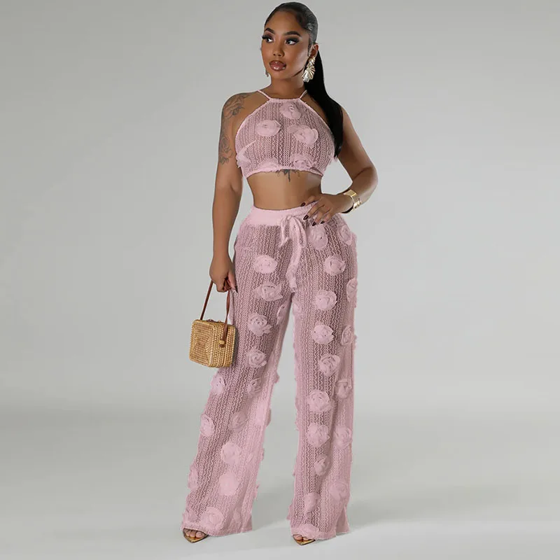

Sexy Knitted Hollow Out Sheer Two Piece Set Women Vacation Beach Outfit Lace-up Crop Top and Pants Appliques Party Matching Sets
