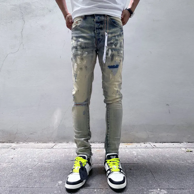 

High street designer fashion new men's water jeans stretch slim fit retro painted washed light blue jeans hip-hop brand pants ho