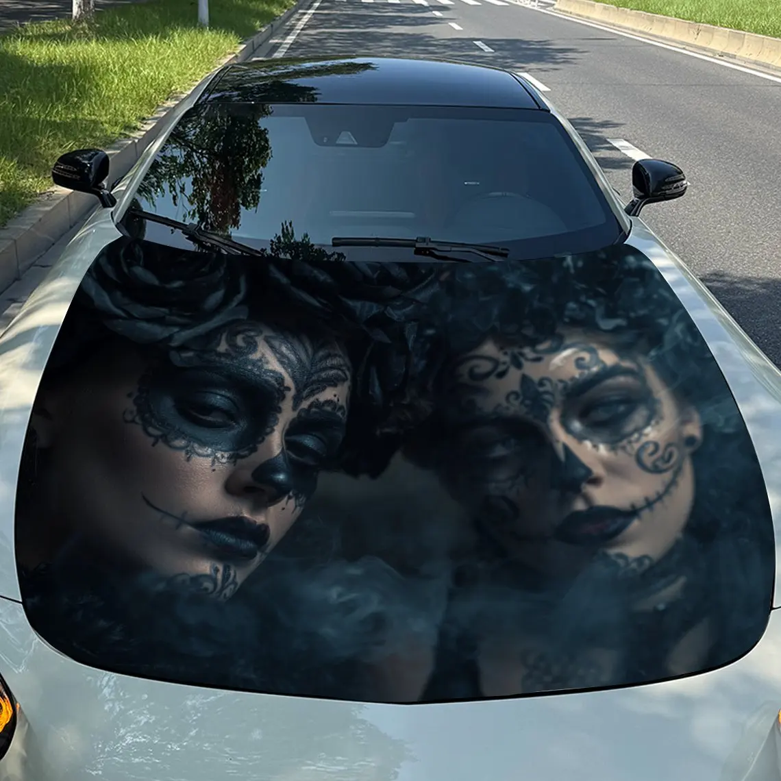Unique Makeup Couple Car Hood - Waterproof PVC Wrap, Self-Adhesive, Scratch-Resistant, Ideal For Cars, SUVs, Trucks - Perfect Gi