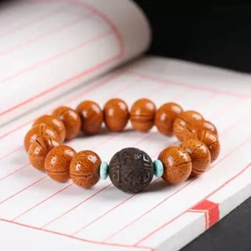 Chinese Style Natural Wild Peach Pit Beaded Bracelet Lucky Fortune Blessing Handmade Prayer Beads Tassel Design Wrist Jewelry