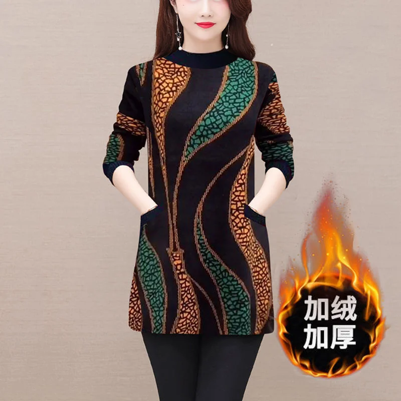 Women Winter Korean New Half High Collar Pullover Commuting Fashion Printing Pocket Splicing T-shirt Thickened Medium Long Tops