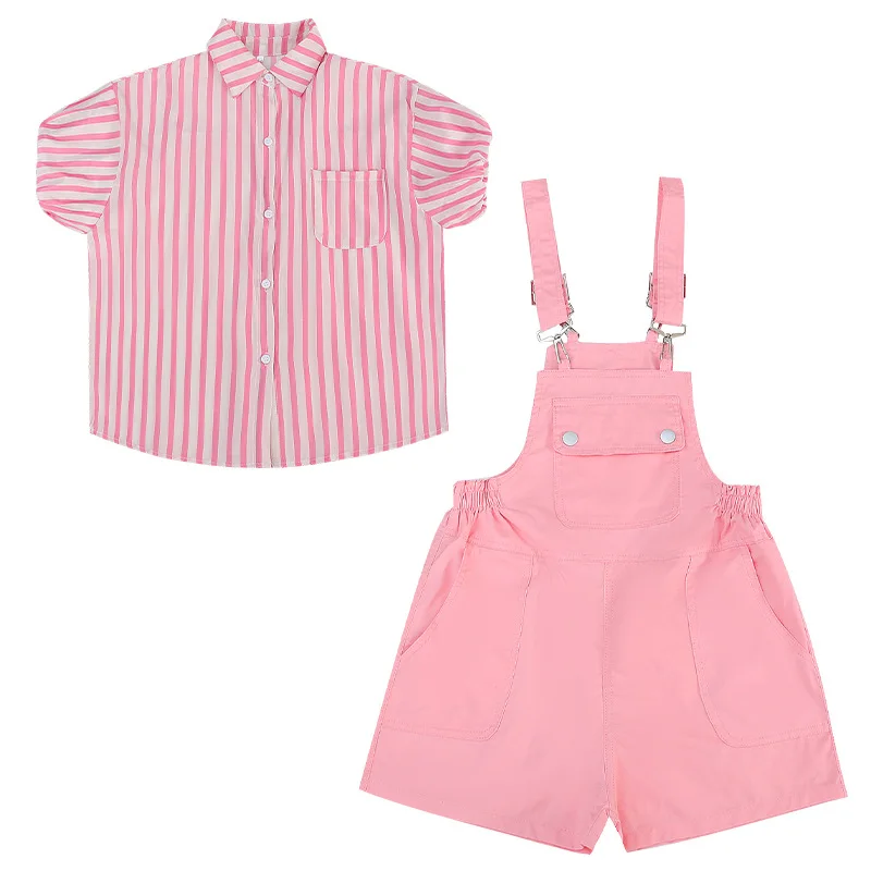 

Girls Striped Shirt Suspenders Suit Sweet Kids Clothes Outfits Summer Children Clothing Sets Age for 4 6 8 9 10 13 Years