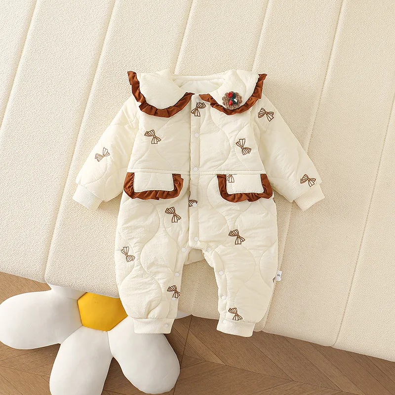 MILANCEL Autumn Baby Clothes Infant Girls Thin Fur Lining Romper Sweet Bow Print Cotton Padded Jumpsuit Turn Down Collar Outwear