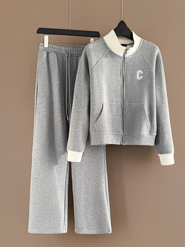 

Spring Tide Fashion Casual Sportswear Set Women's Stylish Anti-Aging Grey Jacket Top Wide Leg Pants Two-Piece Set