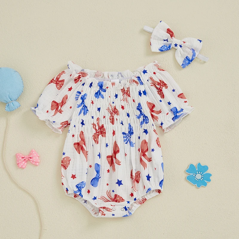 American Flag Print Sleeveless Romper with Matching Headband Set for Baby Girl s 4th of July Celebration - Patriotic Outfit