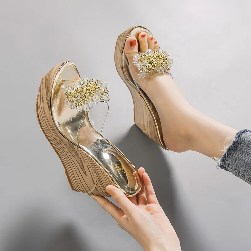 2023 Summer Women\'s Slippers Rhinestone Flower Wedges Sandals Transparent Thick Soled Platform Pumps Slides Ladies High Heels