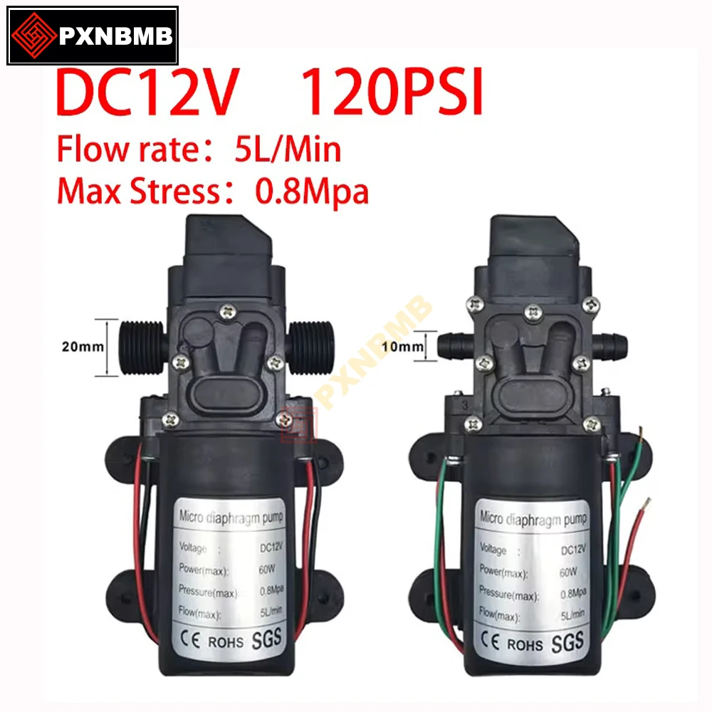 

Мембранный насос высокого давления постоянного тока 12 В 120 фунтов на квадратный дюйм 60 Вт 5 л/мин Мини-электрический самовсасывающий насос Водяная стиральная машина Распыление пестицидов