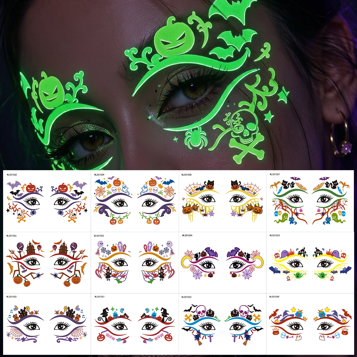 12Pcs Halloween Glow in the Dark Temporary Face Tattoos Luminous Eye Stickers Pumpkin Skull Spider Waterproof Party Face Decals