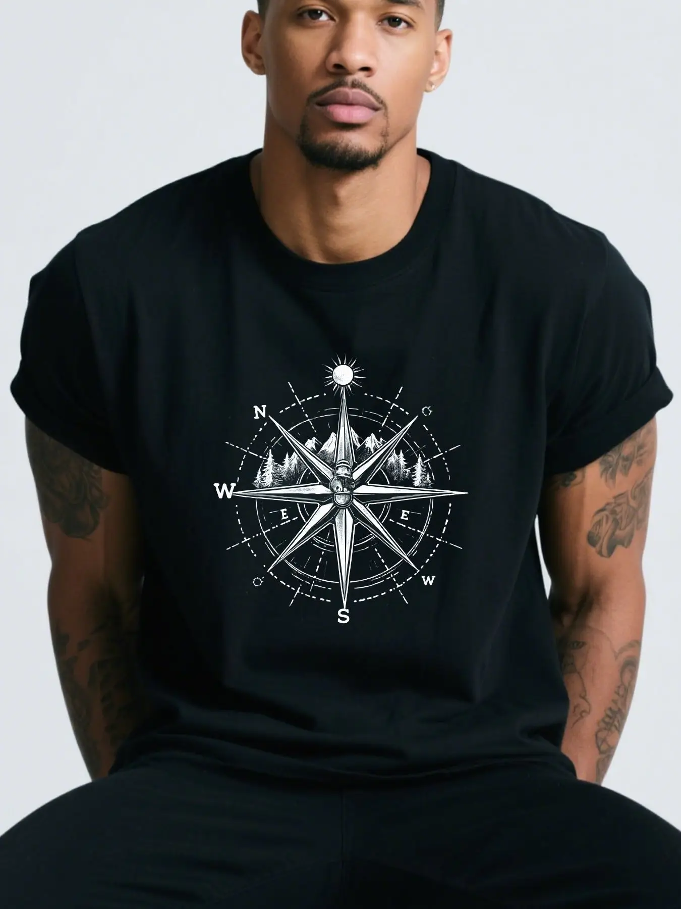 Men's Cotton T-Shirt Soft Breathable Tee with Compass Rose, Camping T Shirts Hiking Apparel Outdoor Enthusiasts