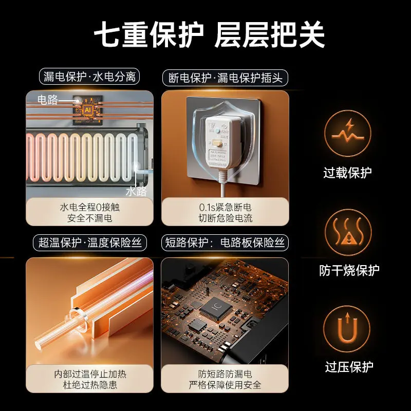 constant‑temperature bath heater adopts water‑electricity separation technology with seven‑fold safety protection.
