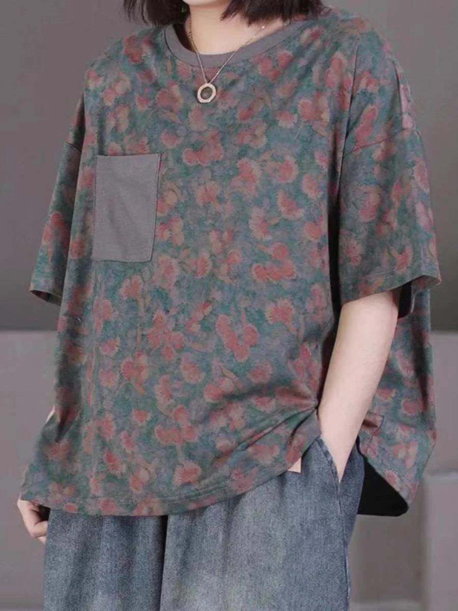 Camiseta de mujer con estampado retro ort Sve Talla grande Suelta Versátil Midlife Mom's Top Algodón redondo Ne ket Design Faion...