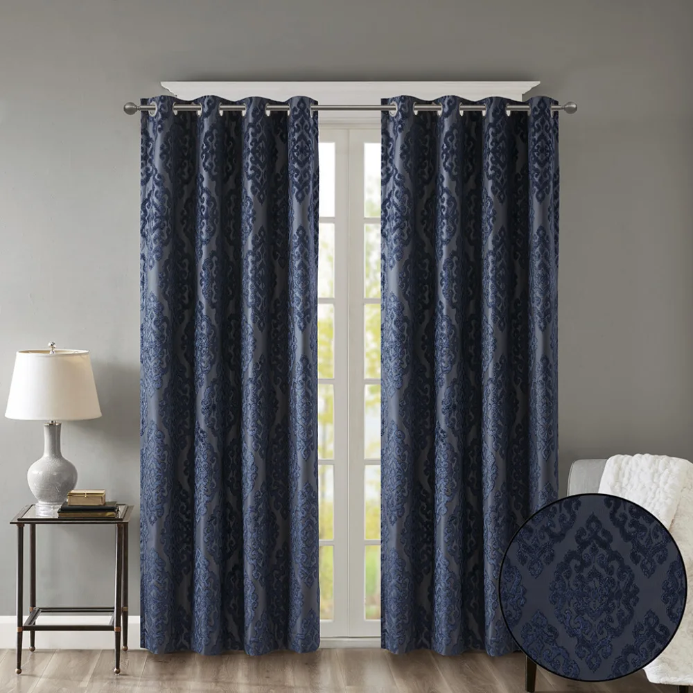 Knitted Jacquard Damask Total Blackout Grommet Top Curtain Panel(Only 1 Pc Panel)