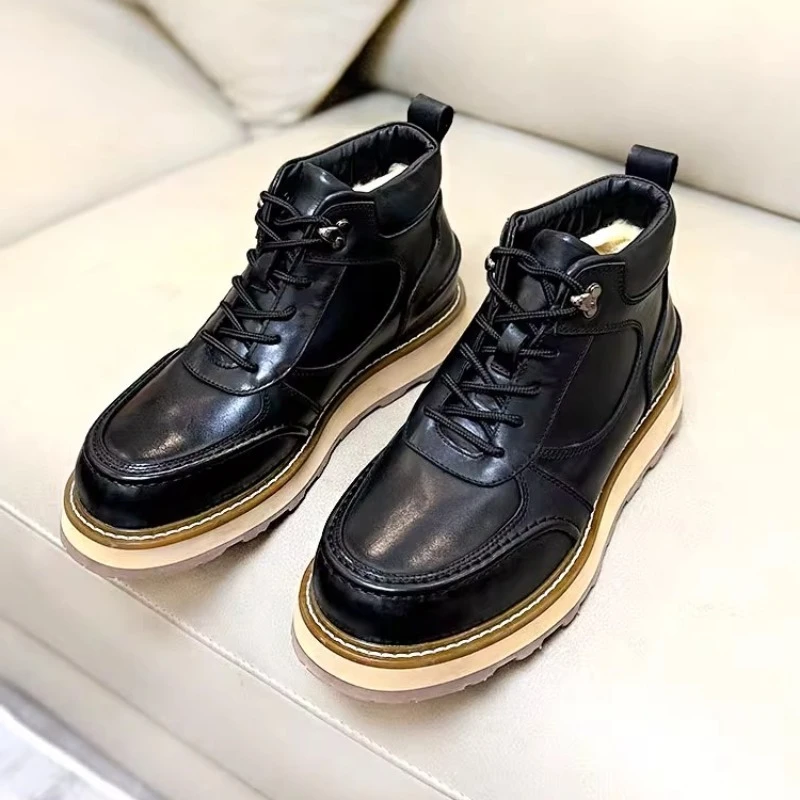 

Vintage Motorcycle Casual Cotton Shoes Men Cowhide Round Toe Genuine Leather Thick Sole Outdoor Sport Snow Boots Male Winter