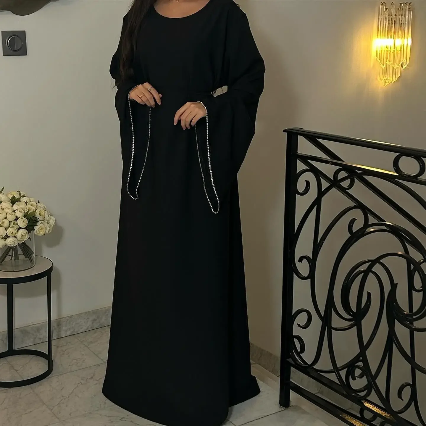 Dubai Abaya Elegance Islamic Clothing Dress for Women Turkey Arabic Muslim Dress Women Cuff Diamond Robe Musulmane Femme Vestido