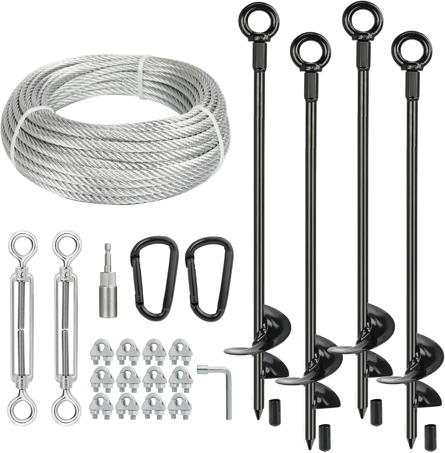 

4 Pcs 30" Long Heavy Duty Ground Anchors Kit with Galvanized Cable & Turnbuckles for Sheds, Trees, Trampoline, Greenhouse