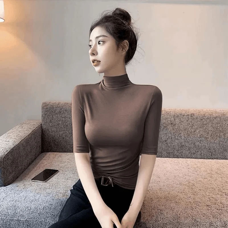 Camiseta Faion Slim Fit f de cuello alto Five Sve para mujer, Base de Color puro irt, Top de otoño e invierno, camiseta de calidad para mujer