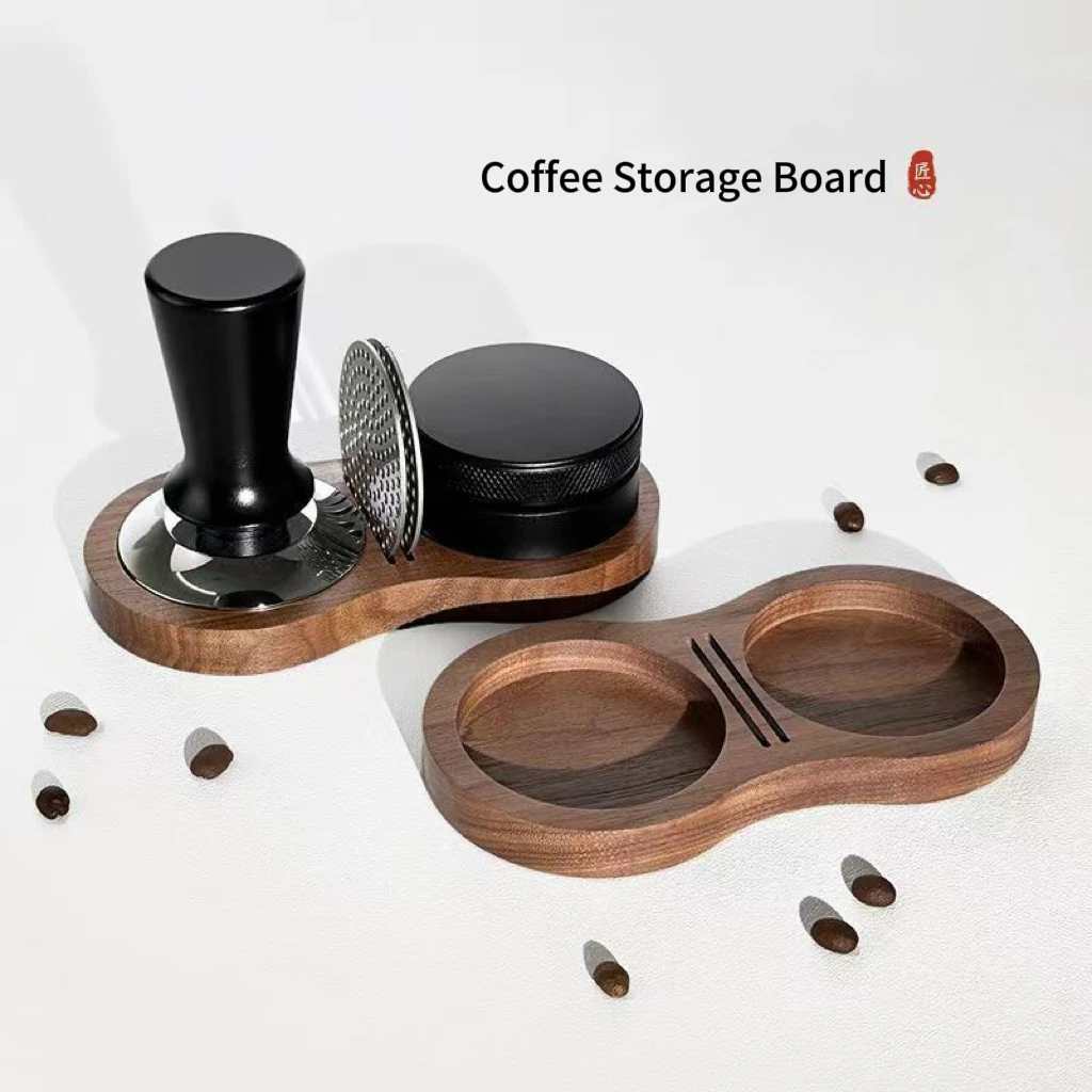 Walnut Wood Coffee Tamper Holder Dual-Slot Espresso Tool Storage Tray Fits 51/53/58mm Coffee Tamper for Coffee Bar Desktop Organ