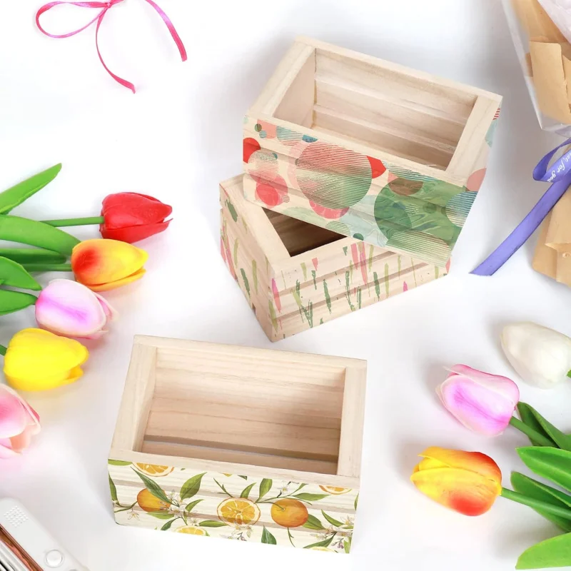 4 caixas rústicas de madeira natural, caixa decorativa inacabada, armazenamento de caixa