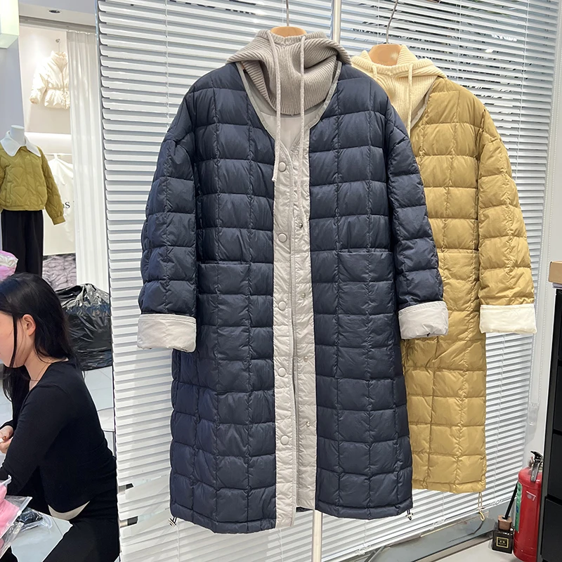 Down Windbreaker Style Patchwork Plaid Women Down Jackets Office Lady Long White Duck Down Coats