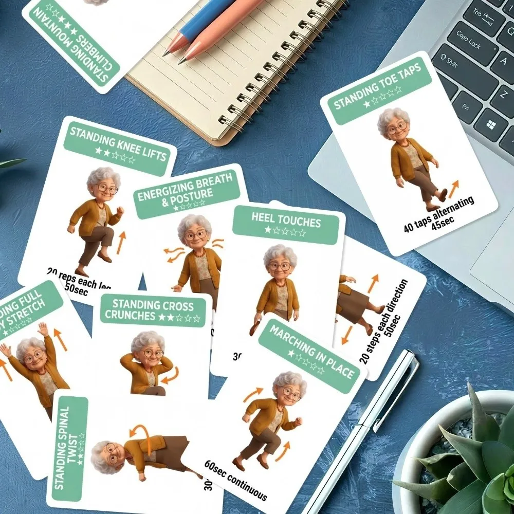 18Pcs Illustrated Step Move Guide Senior Standing Exercise Flashcards Paper Fitness Sheets Low-Impact Gentle Stretch Cards