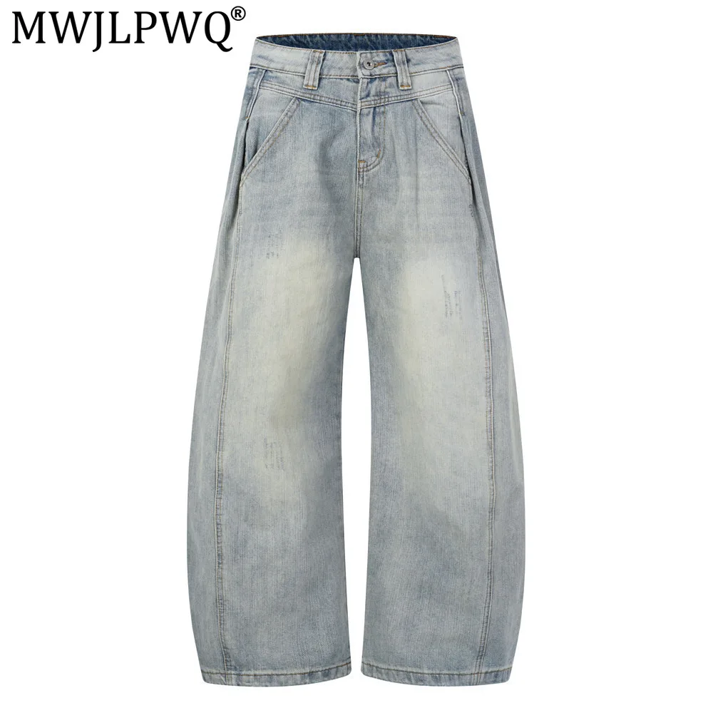 MWJLPWQ Vintage Washed Distressed Wide-Leg Denim Curved Pants For Men Trendy High-Street Design Pleated Silhouette Jeans 20787