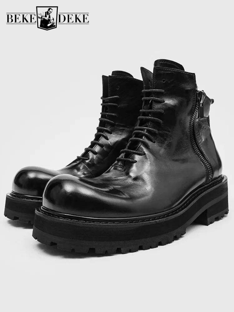 Mens British Style Black Horsehide Platform Round Toe Boots Retro Daily Leisure Height Increase High Top Shoes High Quality