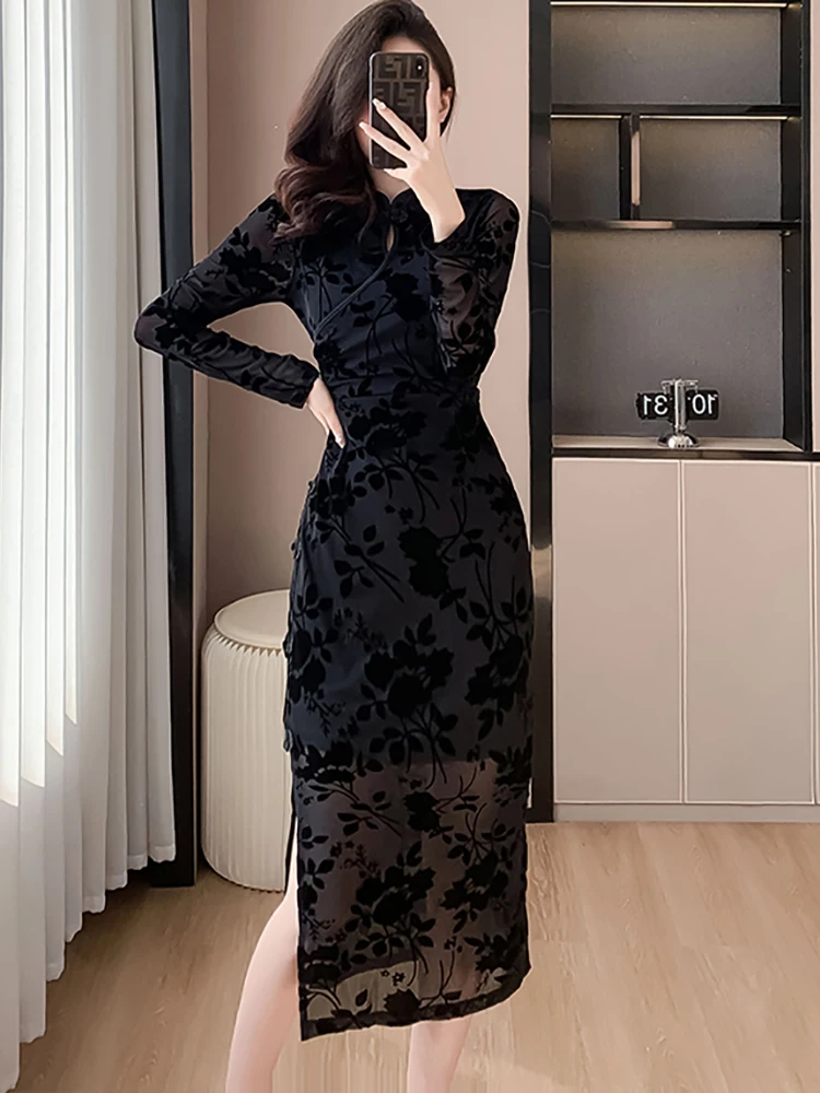 Abito da donna a maniche lunghe Jacquard nero primavera autunno abito formale di lusso Vintage coreano 2024 abito da notte da festa elegante coreano