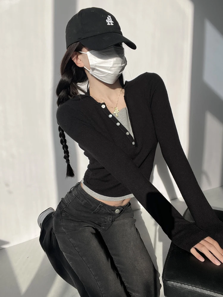 

American ABG Spicy Girl Sle Knitted Ne Hanging irt Slim Fit oulder High Long Sve Base irt Street Sle ort Length