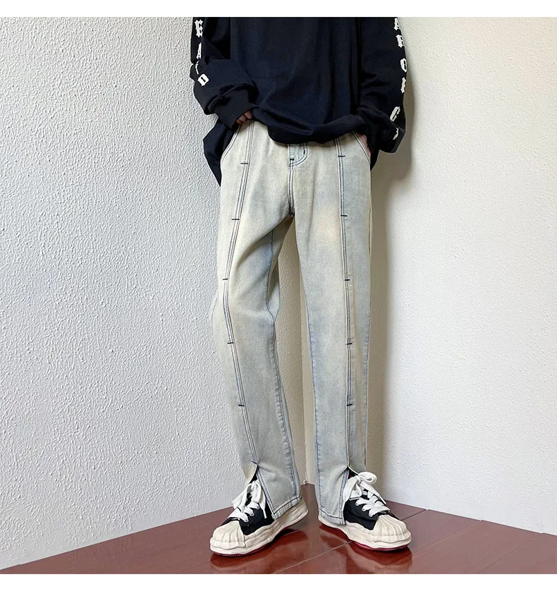

Pop Yellow Mud Color Washed Vintage High Street Jeans Pants Men's Casual Trendy Washed Loose Wide Leg Denim Trousers Male Clothe