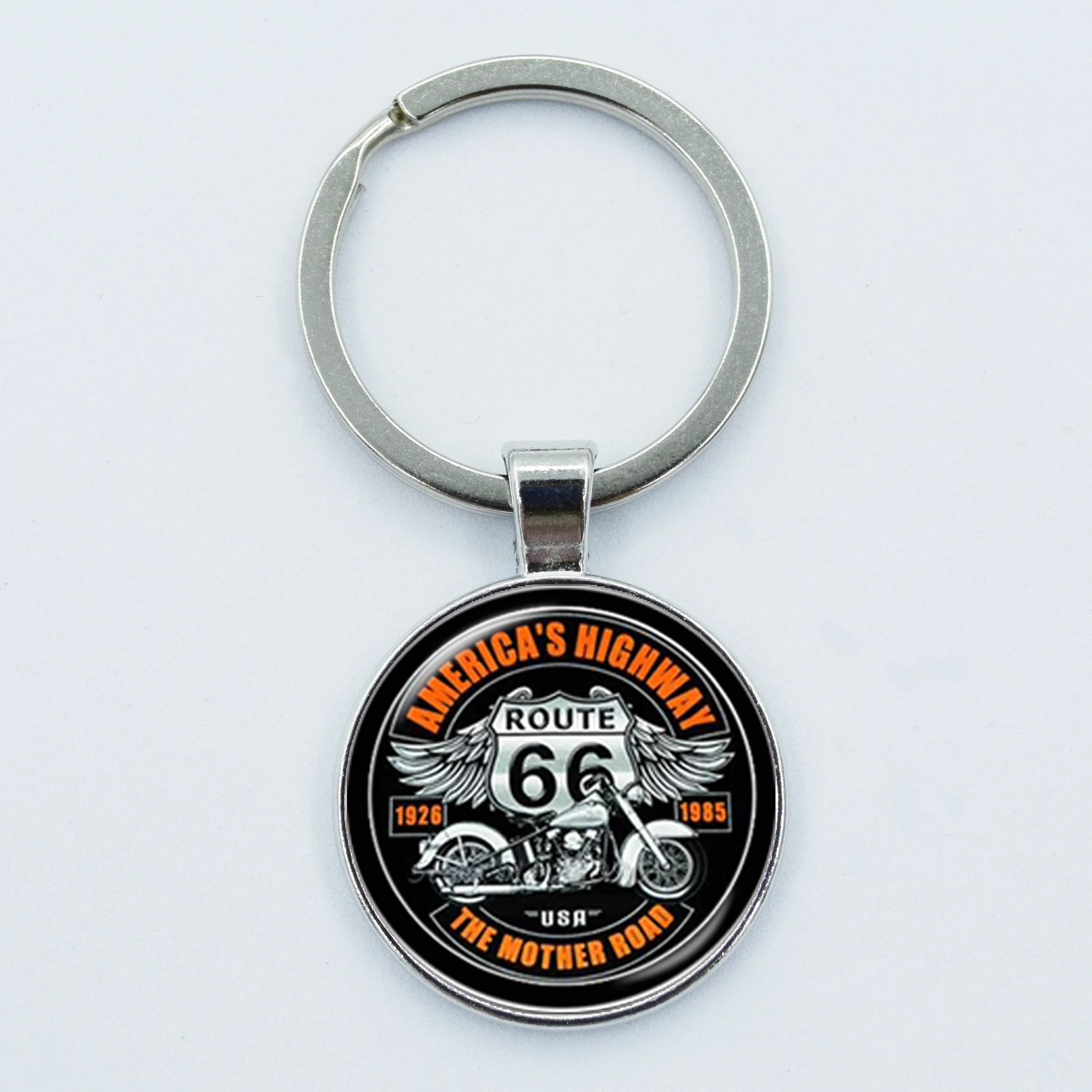 Fashion ROUTE 66 Keychain Motorcycle Car Key Chain Handmade Art Photo Glass Dome Key Ring Holder Women Men Jewelry Chaveiro