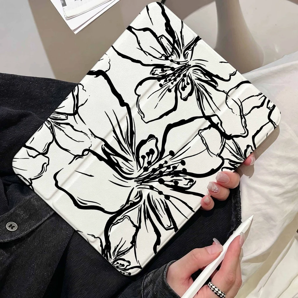 Black Floral Line Art For iPad Pro 11 12.9 13 A16 M2 M4 M3 M5 9.7 10.2 5/6/7/8/9/10/11th Mini Air 3 4 5 6 Tablet Case