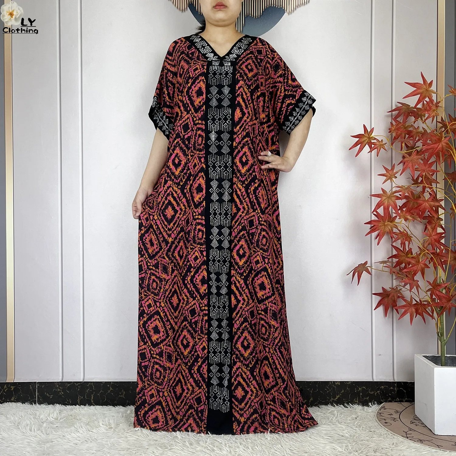 New Style Fashion Dubai Women Dress African Abaya Cotton Printed Loose Boubou Maxi Islam Women Short Sleeve Dress With Big Scarf 6