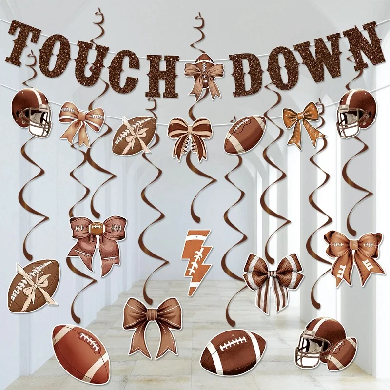 Brown Rugby Touch Down Pull Flag Spiral Party Decoration Rugby Bow Banner Spiral Pendant Hanging Ornament