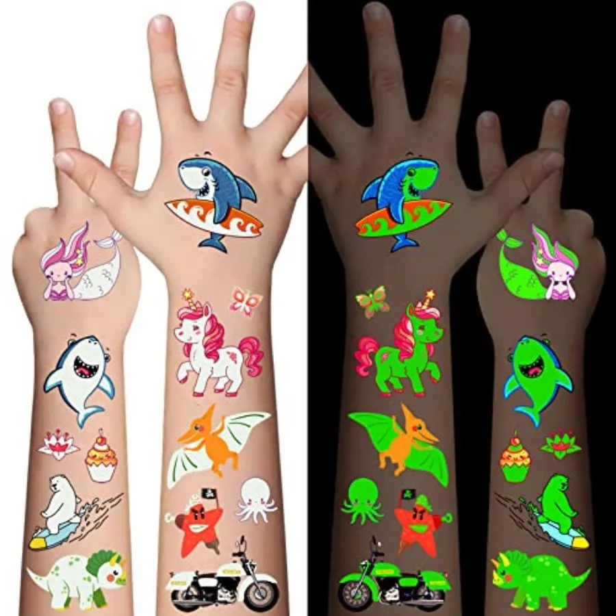 

30 Pcs Luminous Temporary Tattoos For,Mixed Styles Glow In The Dark Tattoos for Boys and Girls, Butterfly Dinosaur Pirate Merma