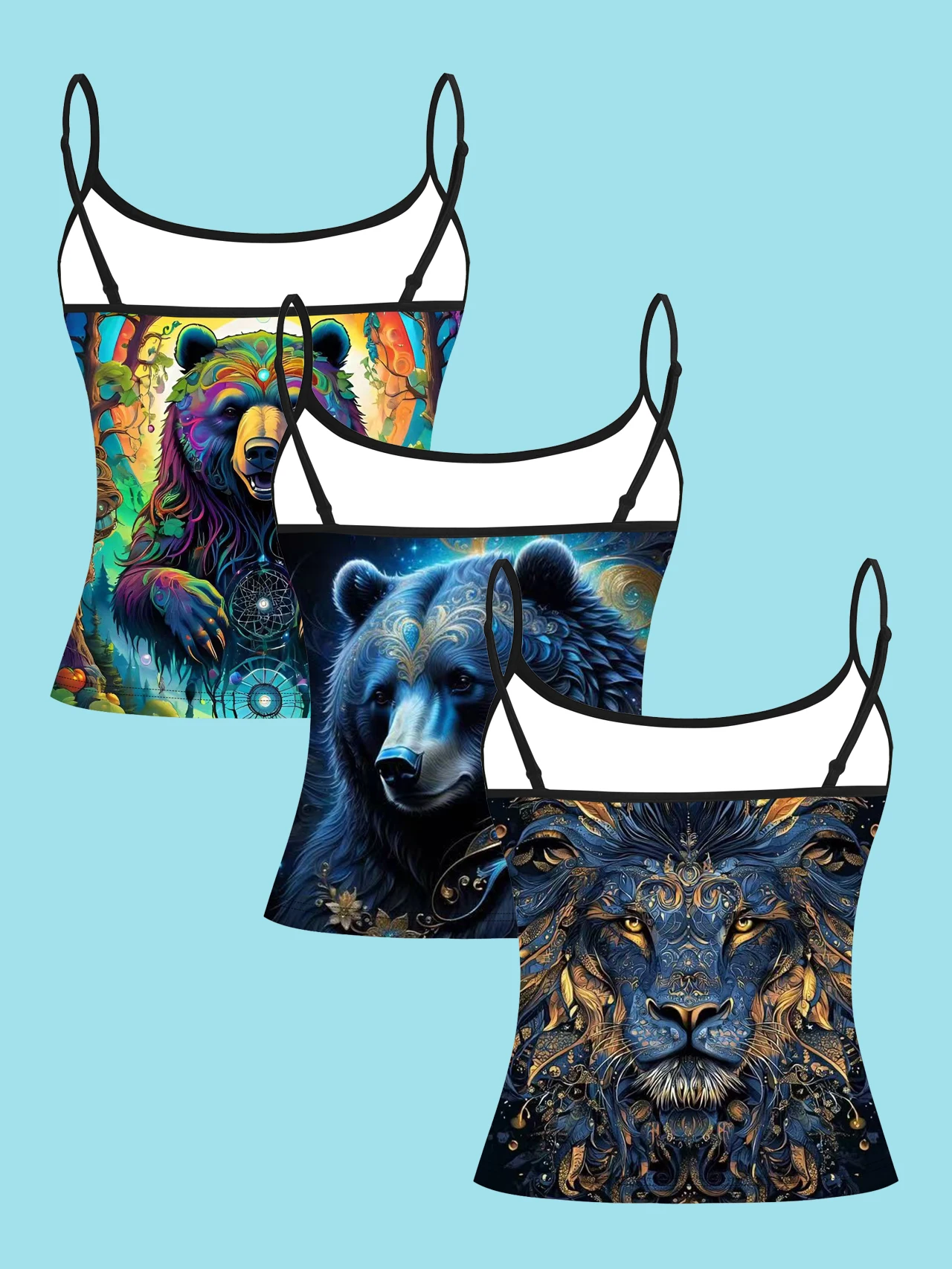 3-Piece Set of Fantasy Bear and Lion Dreamcatcher Print Spaghetti Strap Tank Tops, Iridescent Forest Blue-Black Bear and Starry Sky Blue-Gold Lion Head Slim-Fit Sleeveless Tops, Mysterious Animal Style Inner and Outer Wear Base Shirts