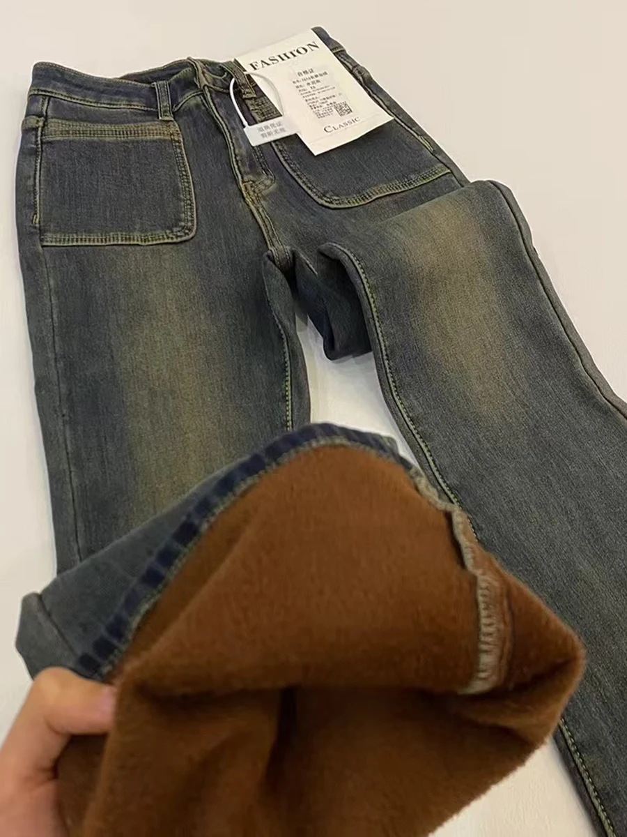 

plus Size Fce Lined Thiened Micro Flared Denim Jeans Women Winter High Waist Slim Straight Leg Wide Leg Ankle Length Pants