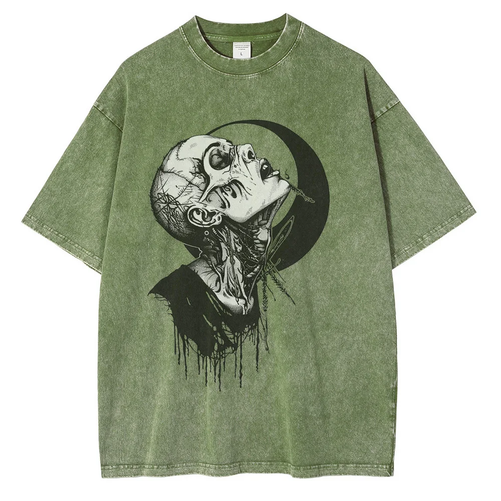 Punk Gothic Graphic T Shirts for Men Heavyweight Pure Cotton Distressed Washed T Shirt Drop Shoulder Retro Oversized Tops