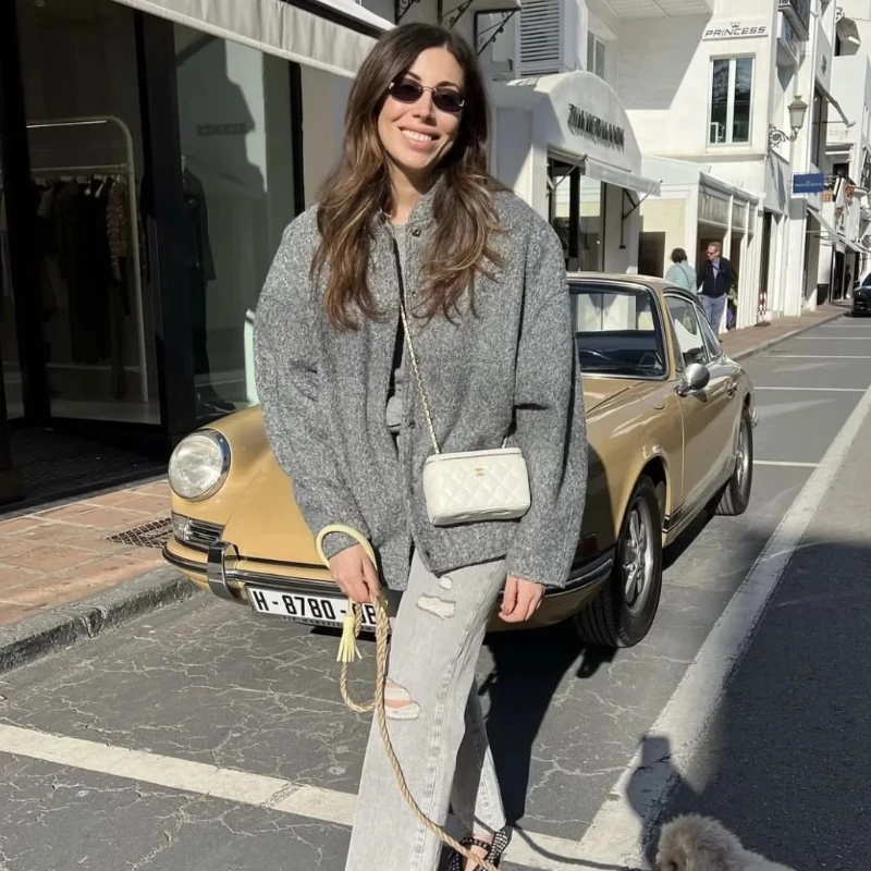 Woman's Oversized Bomber Jacket Autumn New Round Neck Long Sleeve Pocket Hidden Button Loose Jackets Coat Female Outerwear